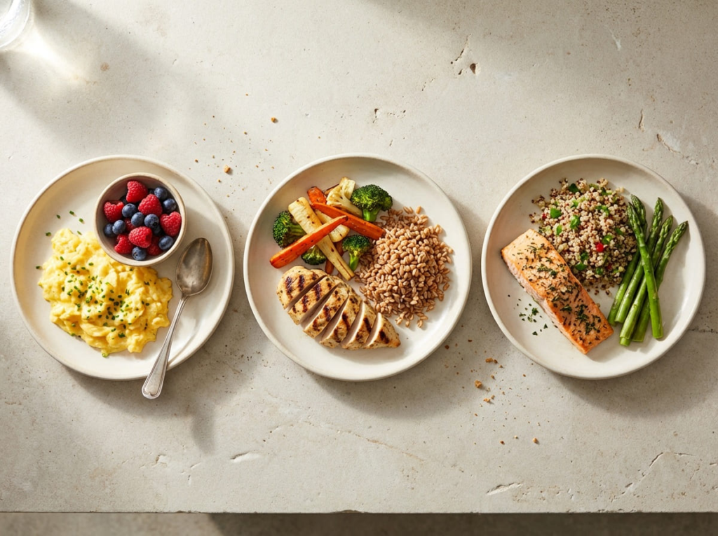 Plates of high protein foods for GLP-1 diets