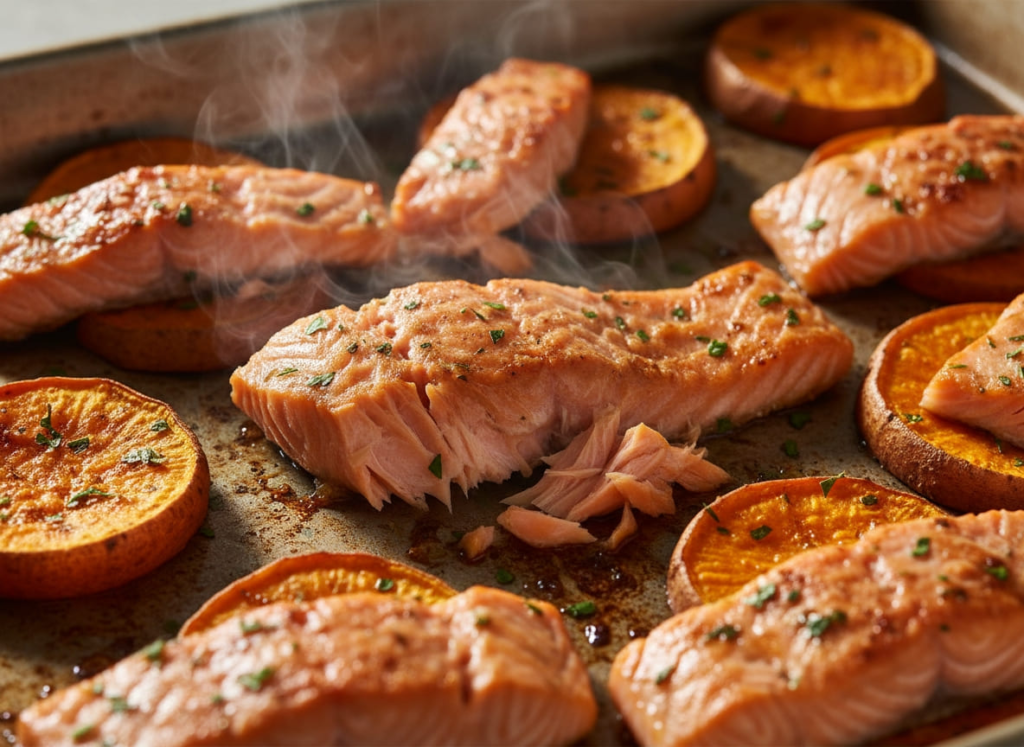 Baked salmon and sweet potatoes roasting in pa for GLP-1 dinner