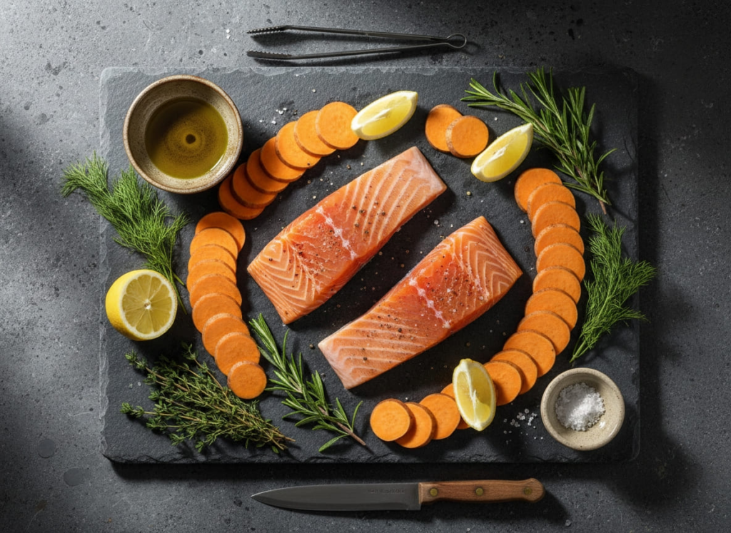 Ingredients for baked salmon dinner recipe for GLP-1 diet