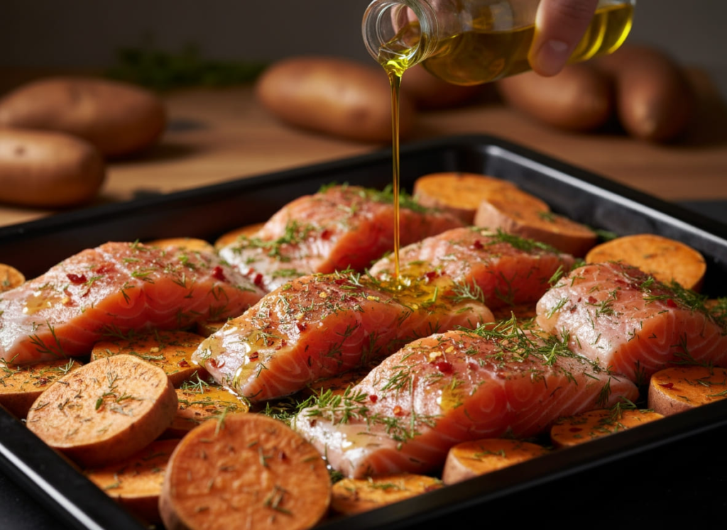 Preparing baked salmon on pan for GLP-1 dinner