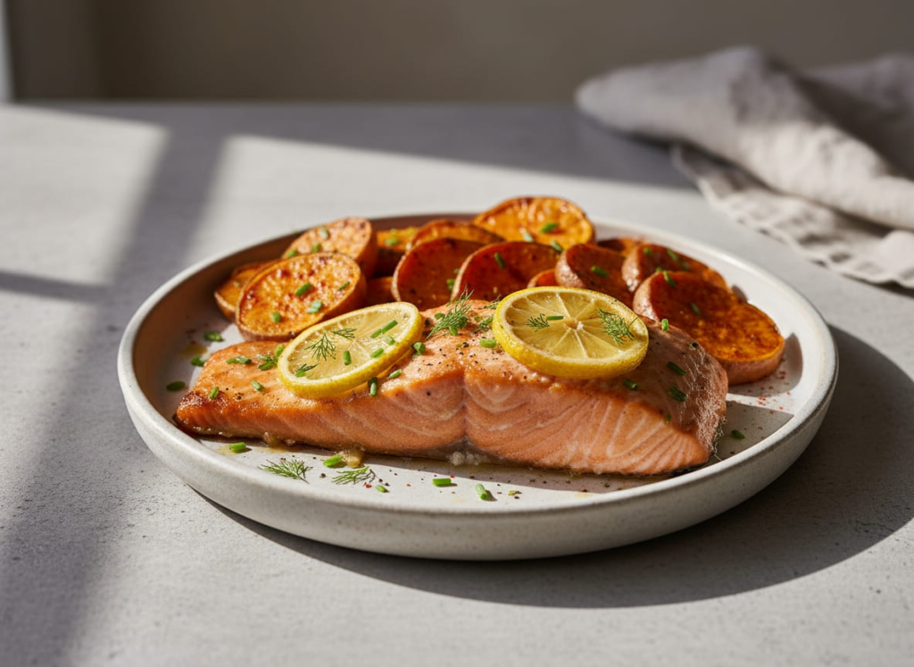Plated baked salmon and sweet potato recipe for GLP-1 diets