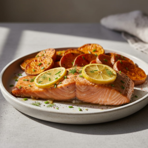 Plated baked salmon and sweet potato recipe for GLP-1 diets