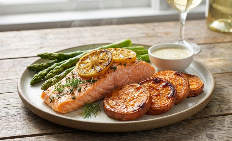Baked salmon with sweet potato GLP-1 dinner on plate