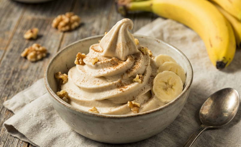 Banana nice cream in bowl with toppings for GLP-1 snack