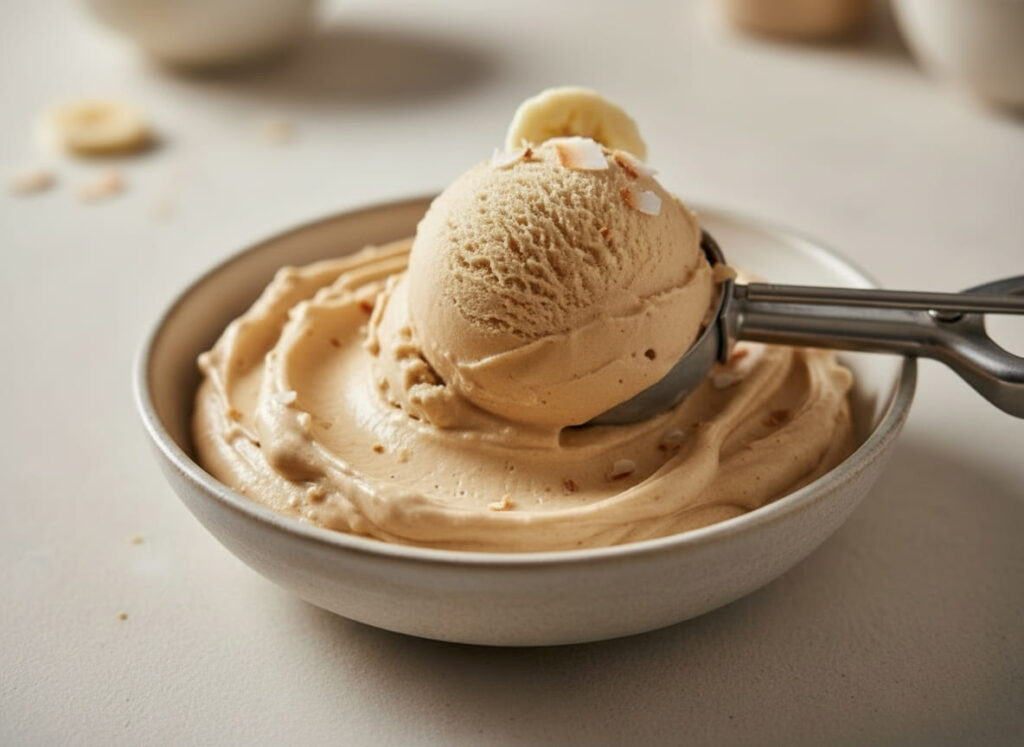 Banana nice cream scooped from a bowl