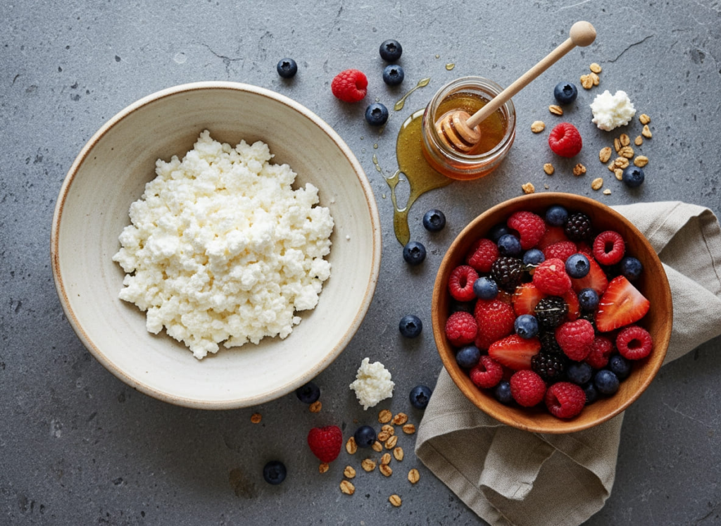 Ingredients for berry parfait with cottage cheese GLP-1 recipe