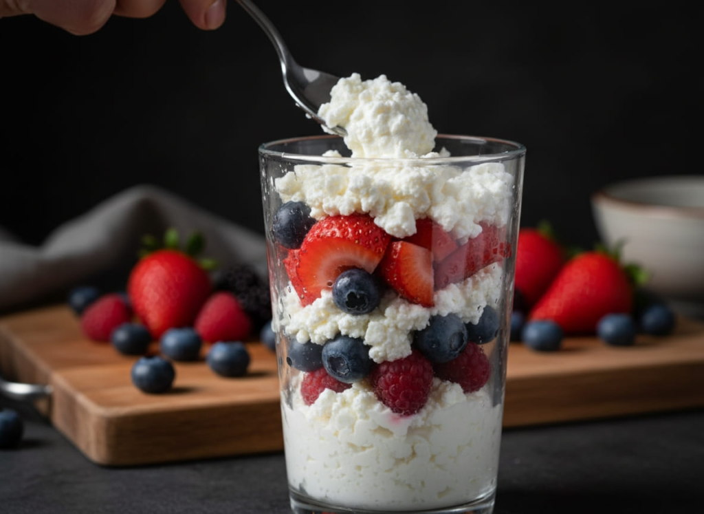 GLP-1 snack of a berry parfait with cottage cheese