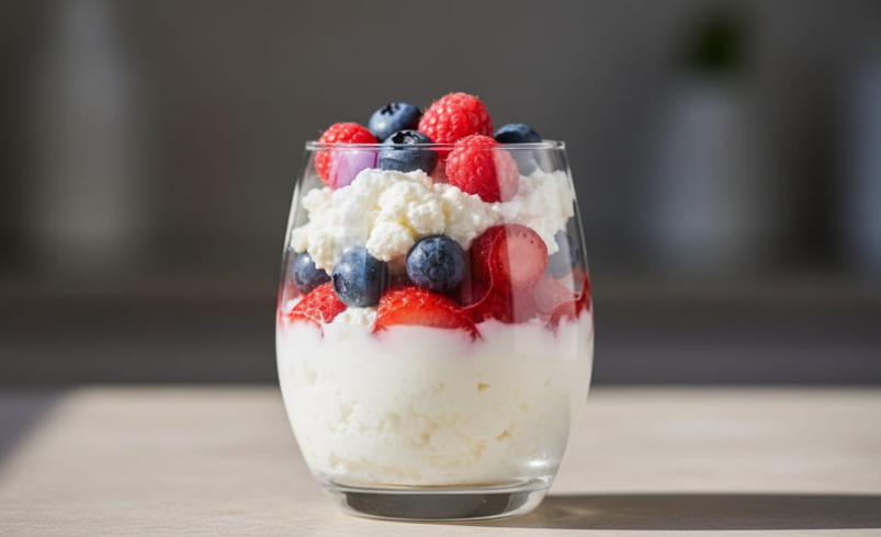 Berry parfait with cottage cheese in a glass for GLP-1 snack idea