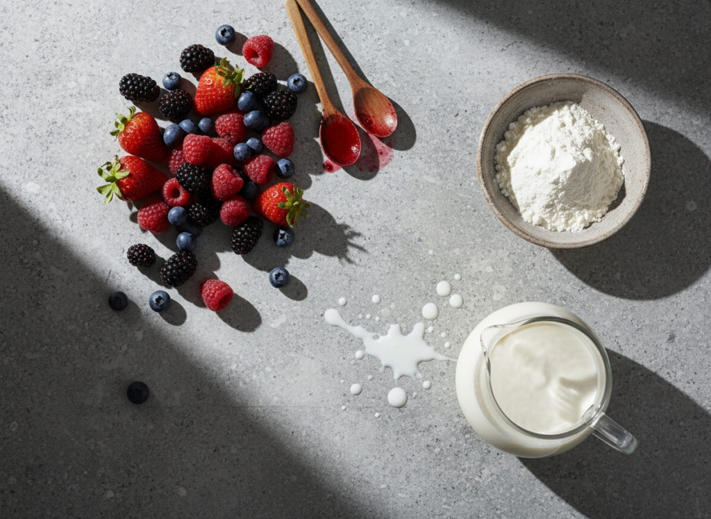 Ingredients for berry protein smoothie recipe