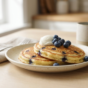 Plated GLP-1 friendly blueberry pancakes