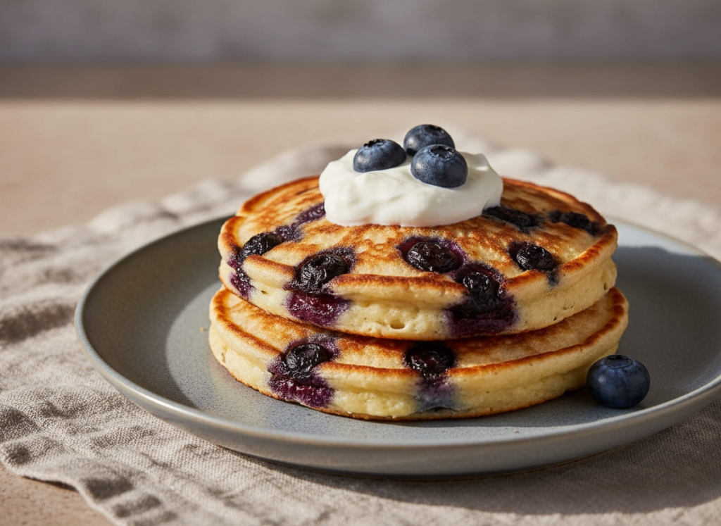 Blueberry cottage cheese pancakes on a plate