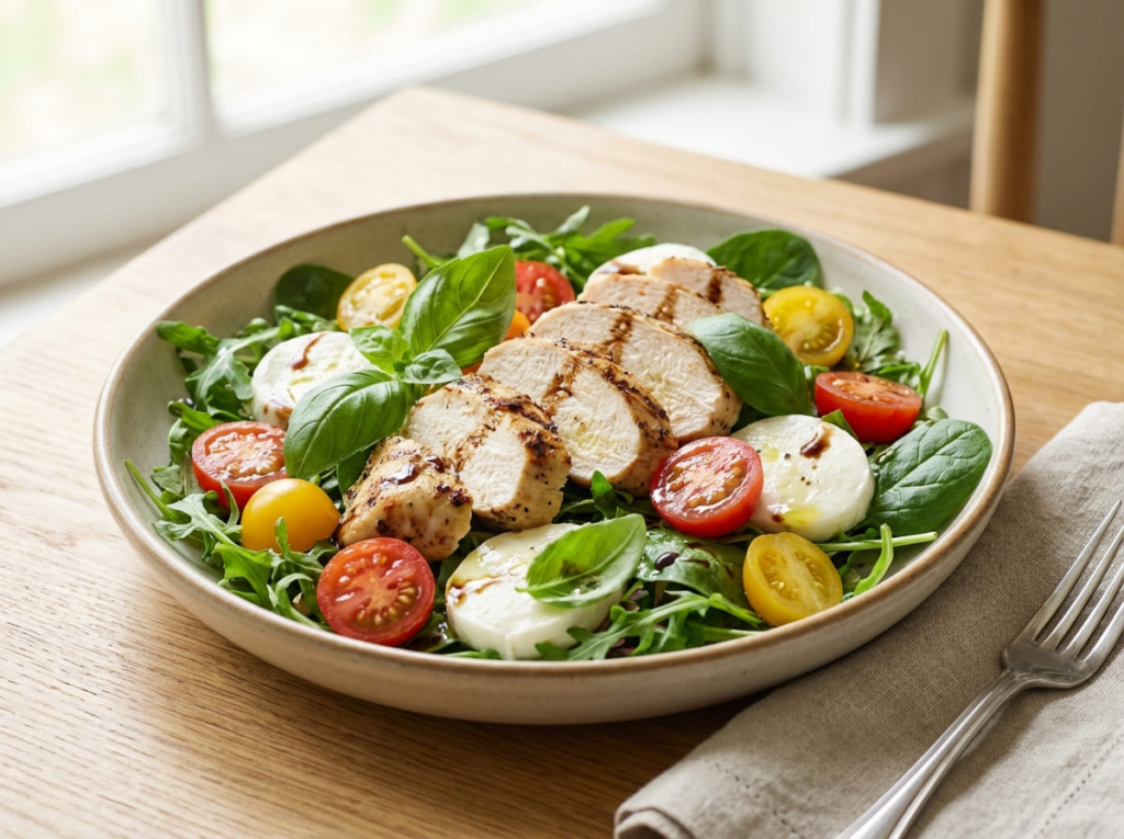 Caprese chicken salad plated