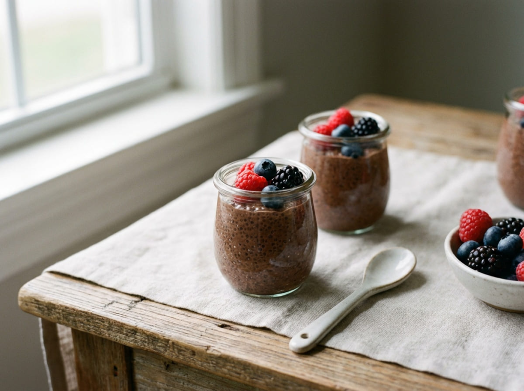Chia pudding brownie cups on table