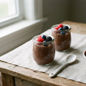 Chia pudding brownie cups on table