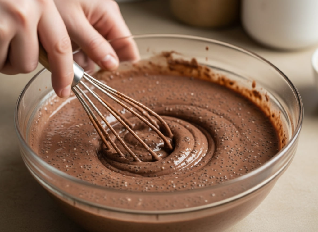 Mixing chia pudding brownie cup recipe batter