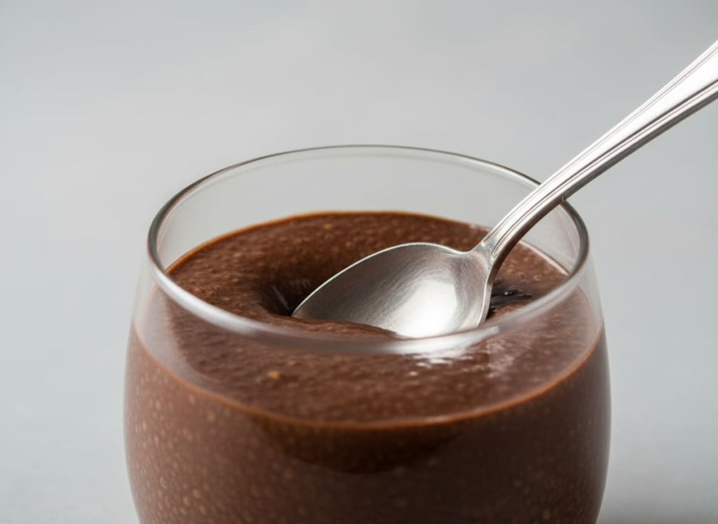 Chia brownie pudding cup in glass with spoon