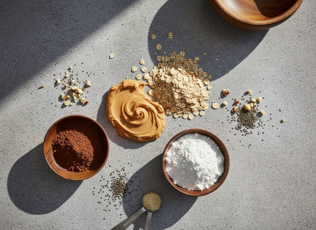 Ingredients for chocolate peanut butter protein balls