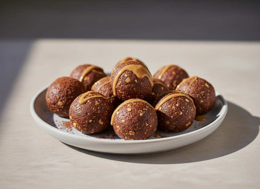 Chocolate peanut butter protein balls on a plate