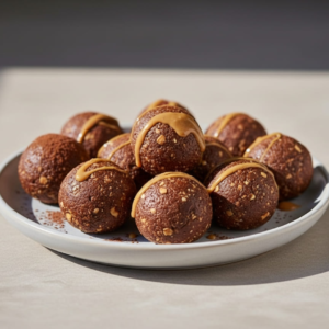 Chocolate peanut butter protein balls on a plate