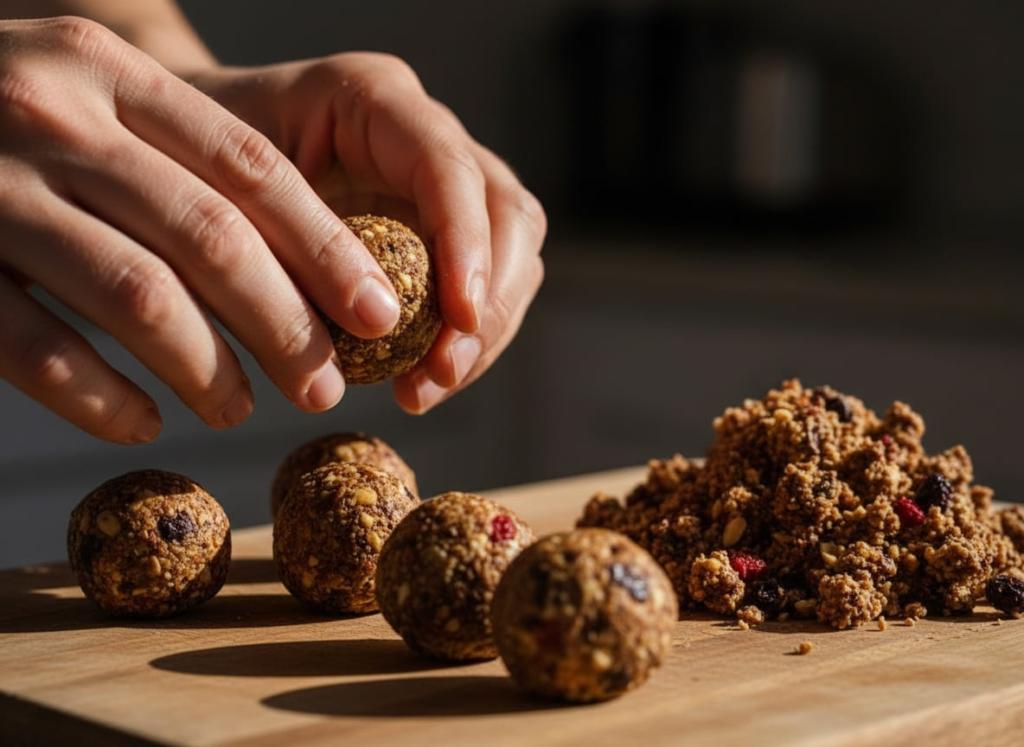 Preparing chocolate peanut butter protein balls for GLP-1 diet
