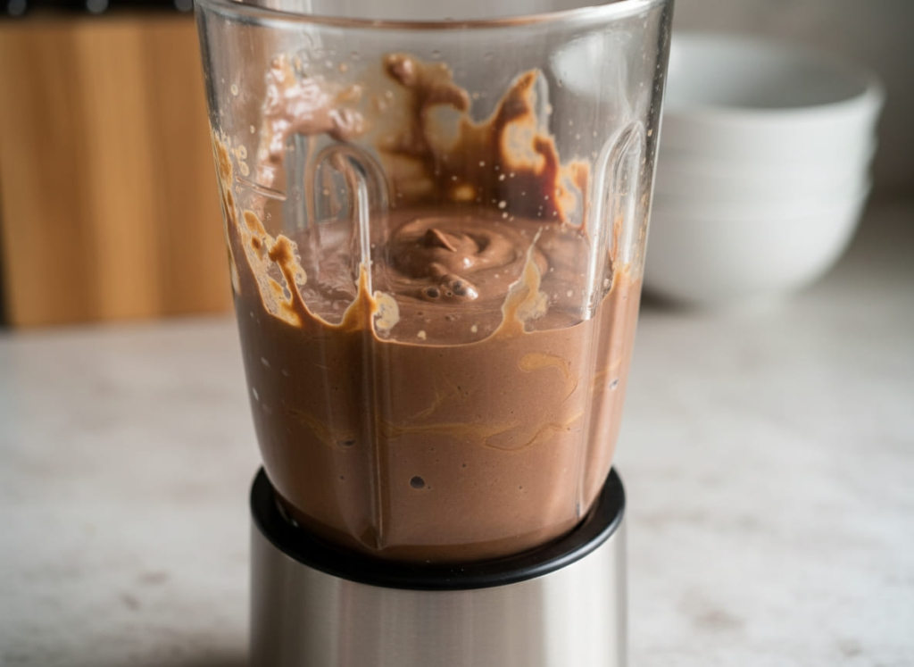 Blending chocolate peanut butter protein smoothie for GLP-1 recipe
