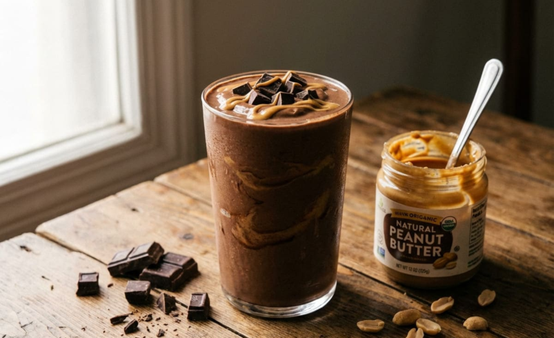 GLP-1 friendly chocolate peanut butter protein smoothie in glass