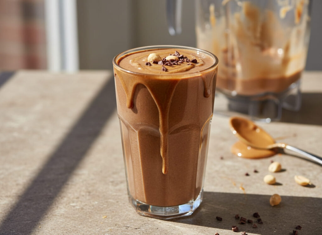 Chocolate peanut butter protein smoothie in glass