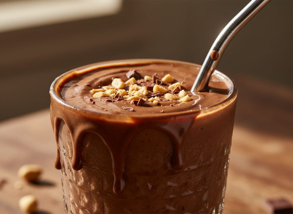 Serving of chocolate peanut butter protein smoothie