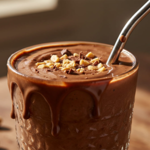 Serving of chocolate peanut butter protein smoothie