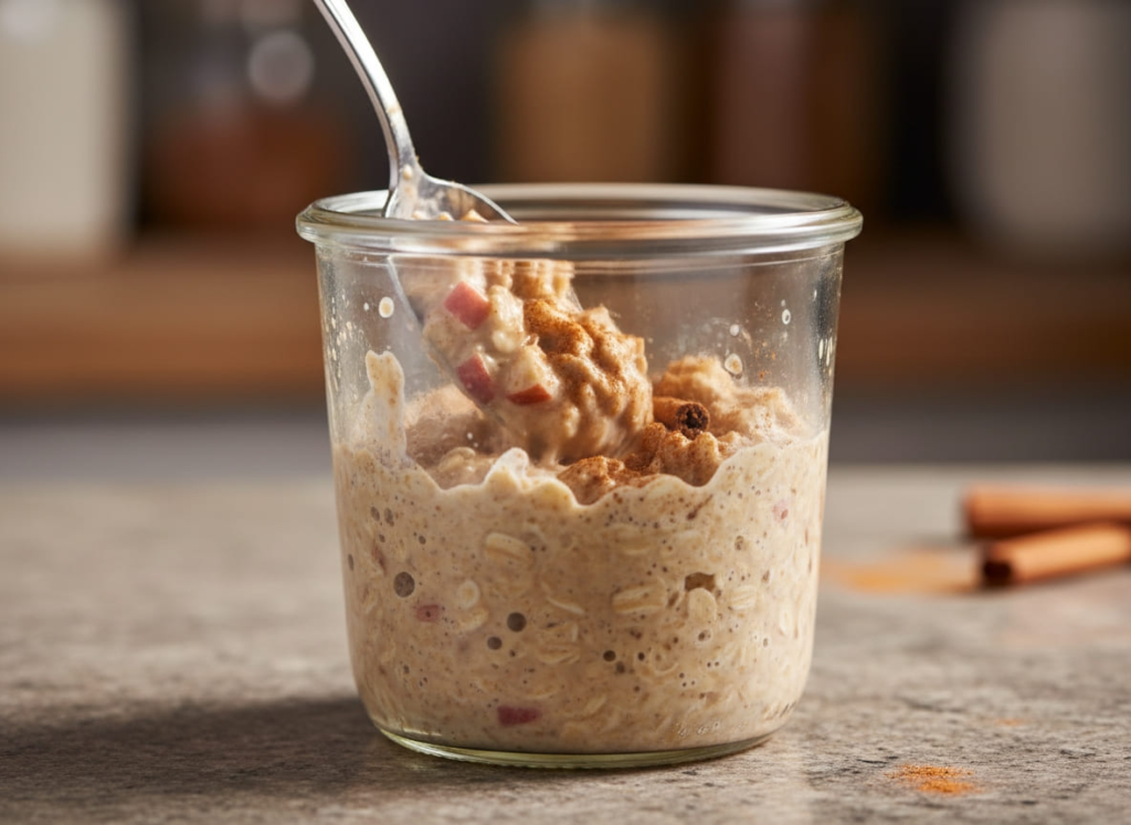 Cinnamon apple overnight oats with spoon