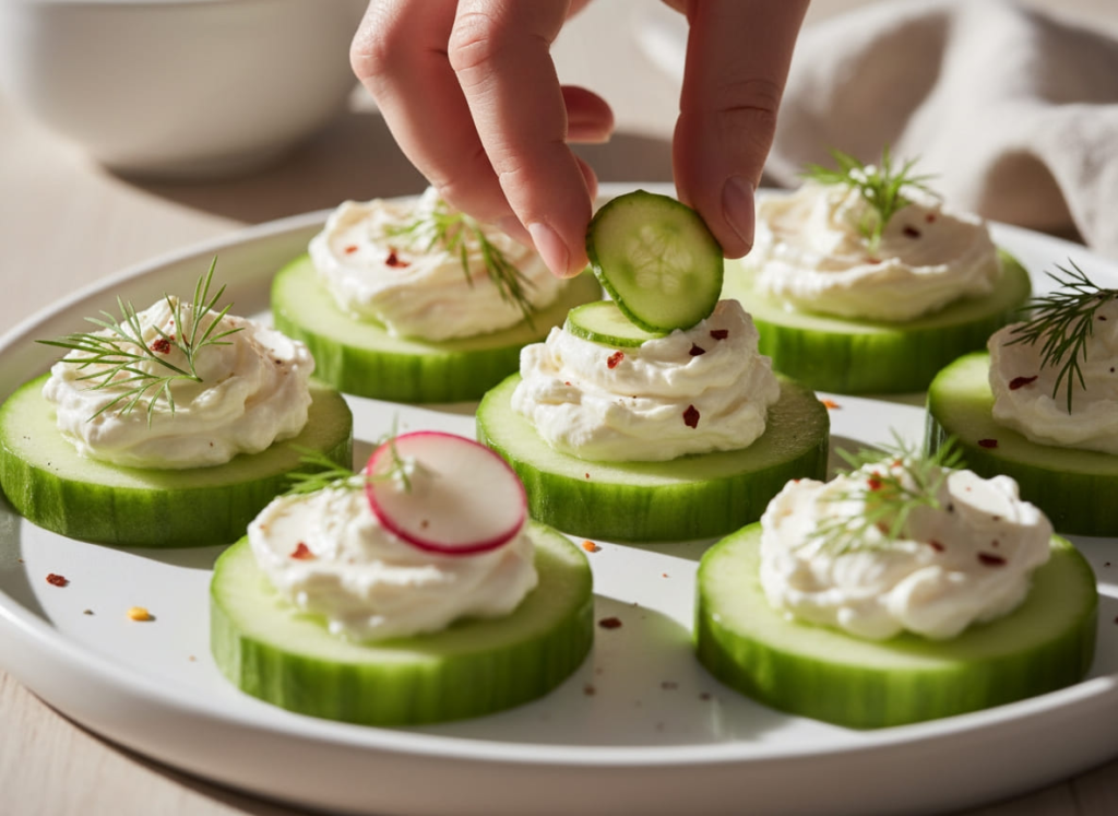 Cucumber slices with herbed cream cheese on plate