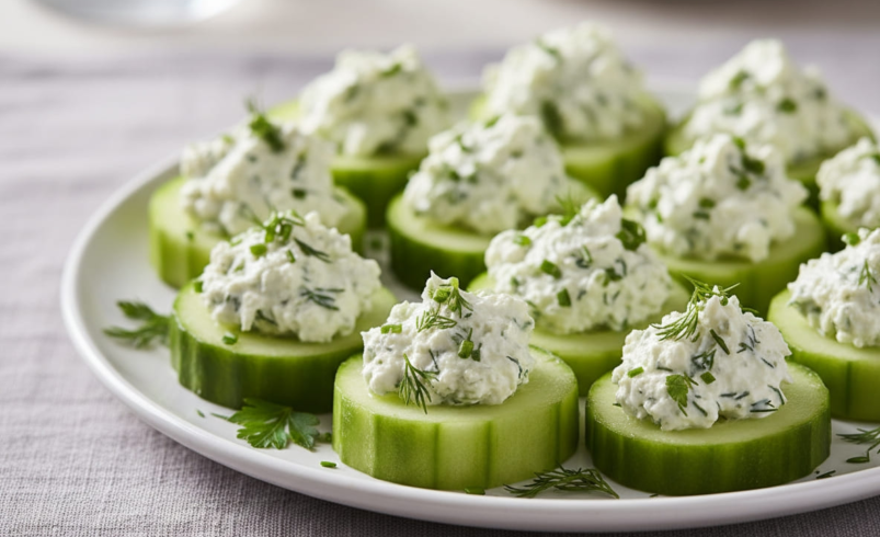 Cucumber slices with cream cheese on plate for GLP-1 snack