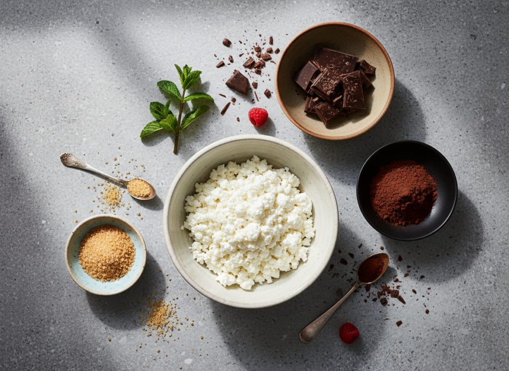 Ingredients for dark chocolate cottage cheese mousse recipe