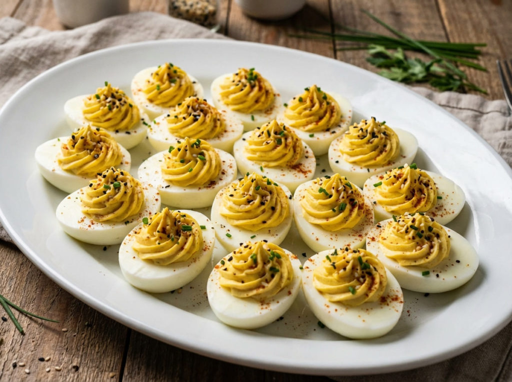 Everything bagel deviled eggs on platter for GLP-1 diet