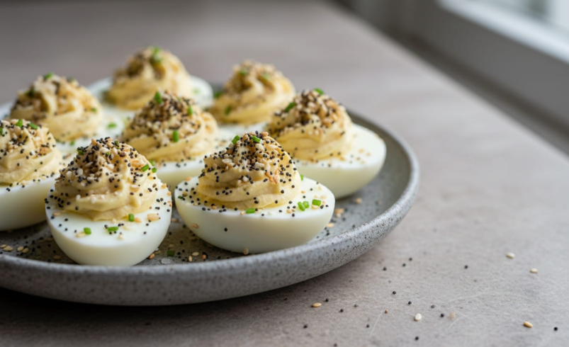 Everything bagel deviled eggs on plate for GLP-1 snack