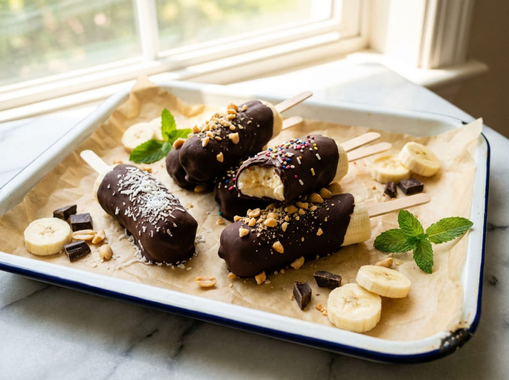 Frozen banana pops on tray
