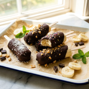 Frozen banana pops on tray