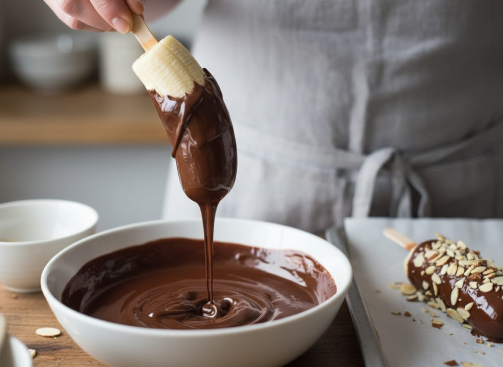 Frozen banana pops being coated in chocolate