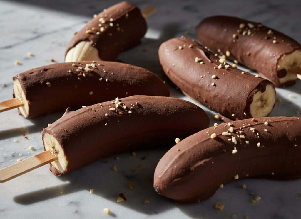 Frozen banana pops with chocolate and toppings for GLP-1 dessert recipe