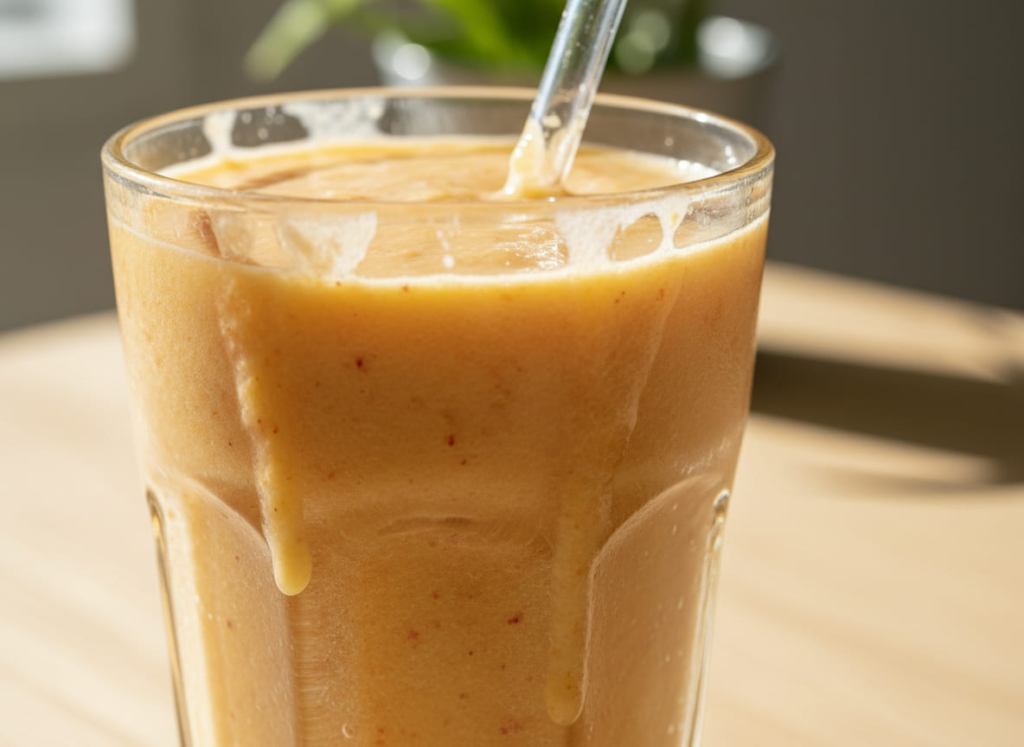 Ginger peach smoothie in a glass with straw