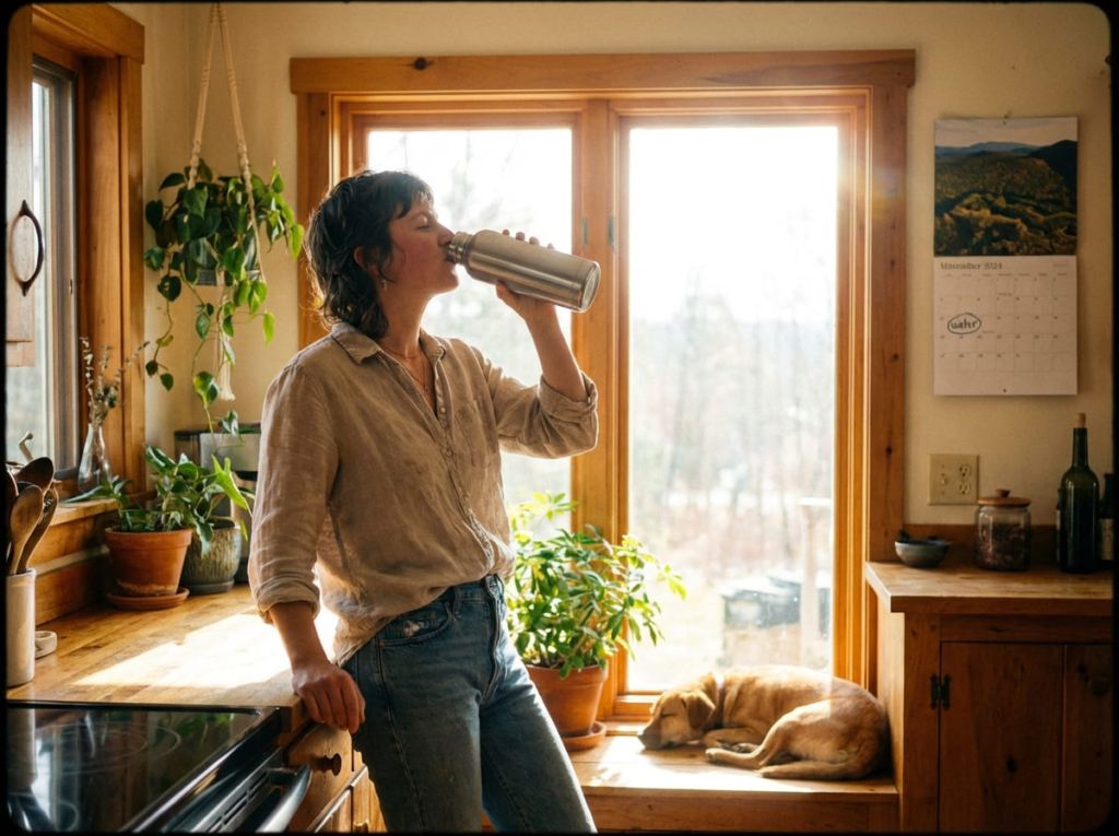 Woman hydrating with a drink to manage GLP-1 constipation