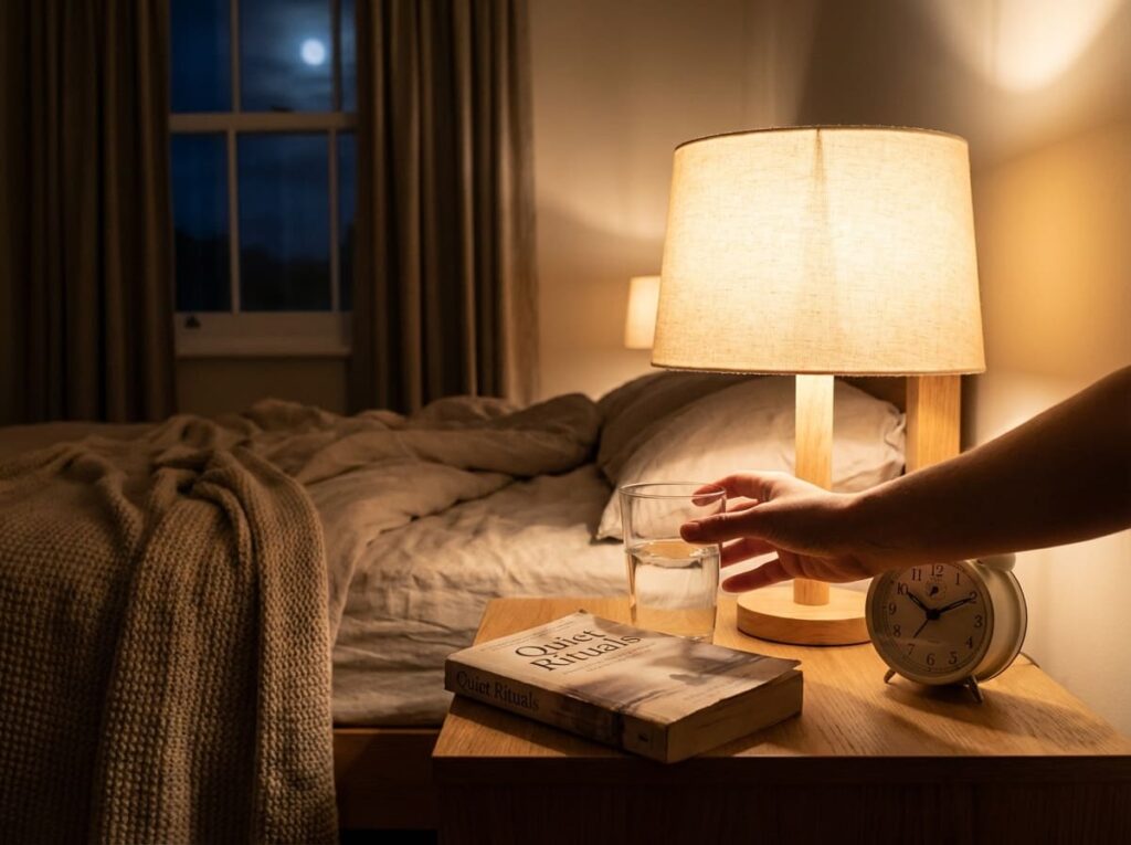 Woman reaching for glass of water on nightstand