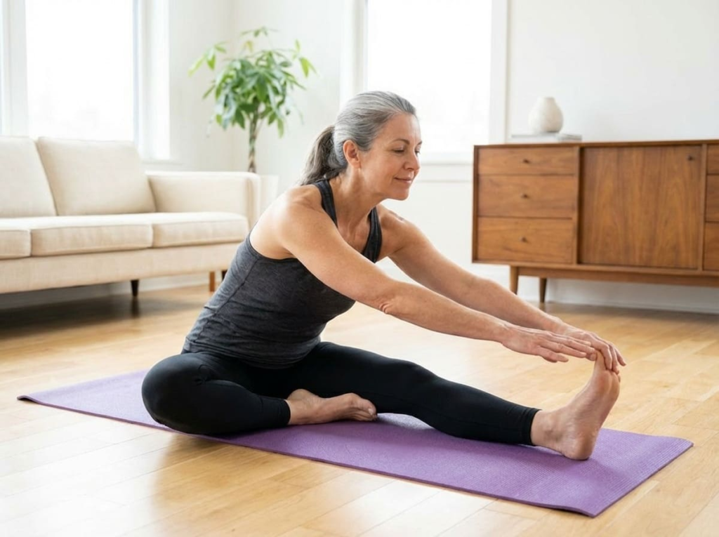 Woman doing a stretch on yoga mat