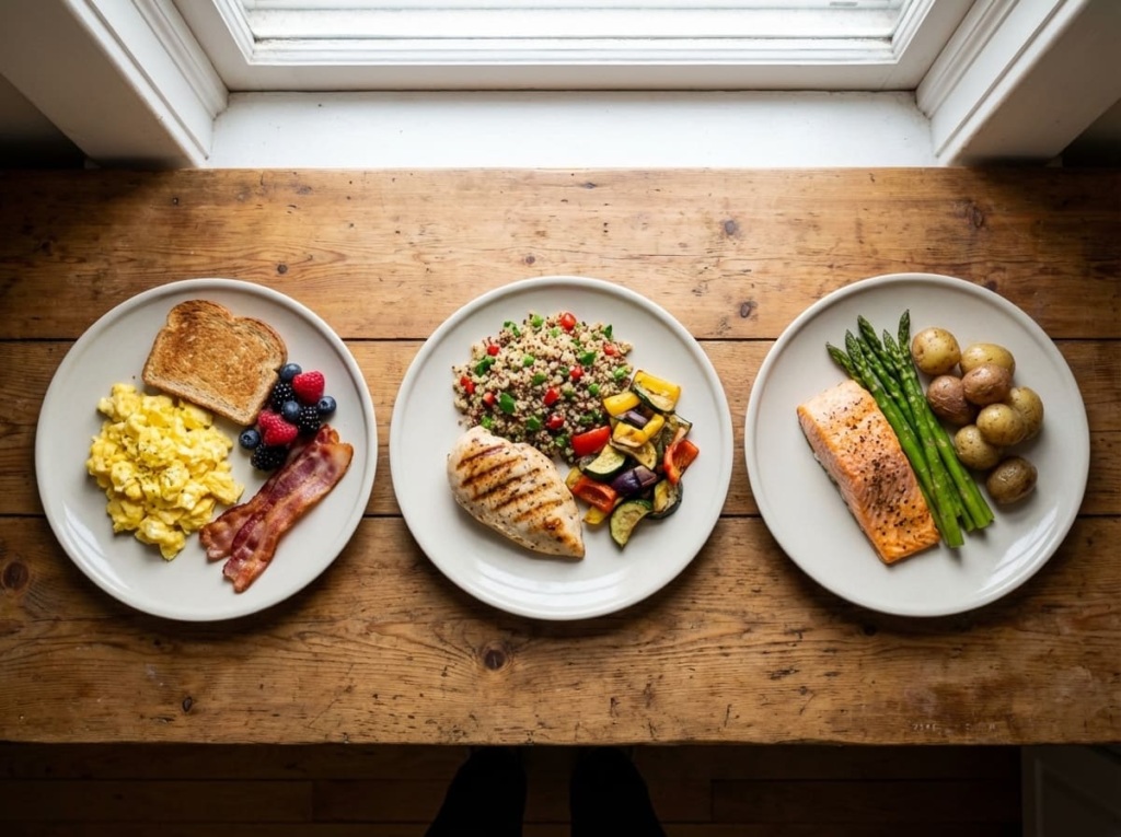 Plates of healthy foods for a GLP-1 meal plan