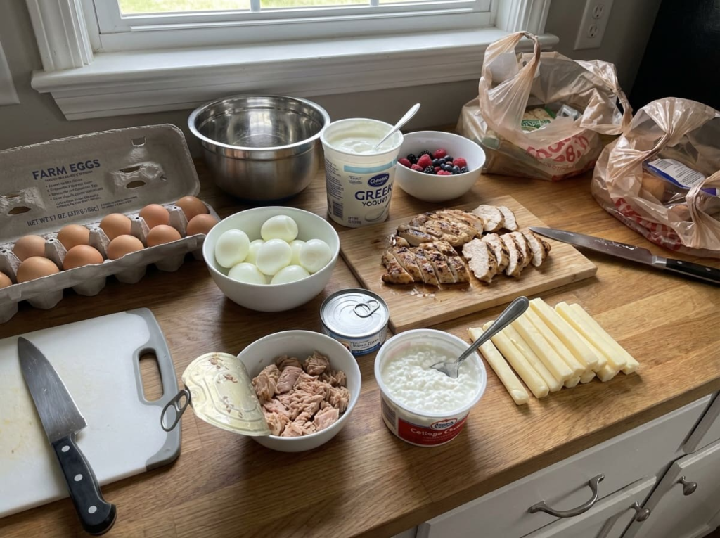 Variety of foods from grocery store for GLP-1 meal plan