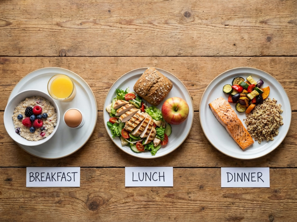 Plates of food showing healthy portions for a GLP-1 diet