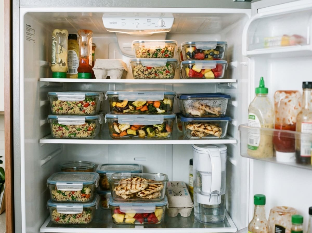 Meal prep foods in fridge for GLP-1 diet