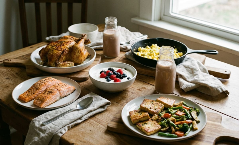 High protein meals on a table for a GLP-1 diet