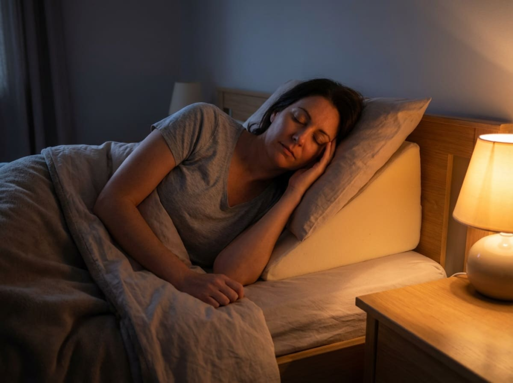 Woman lying in bed dealing with acid reflux from GLP-1s