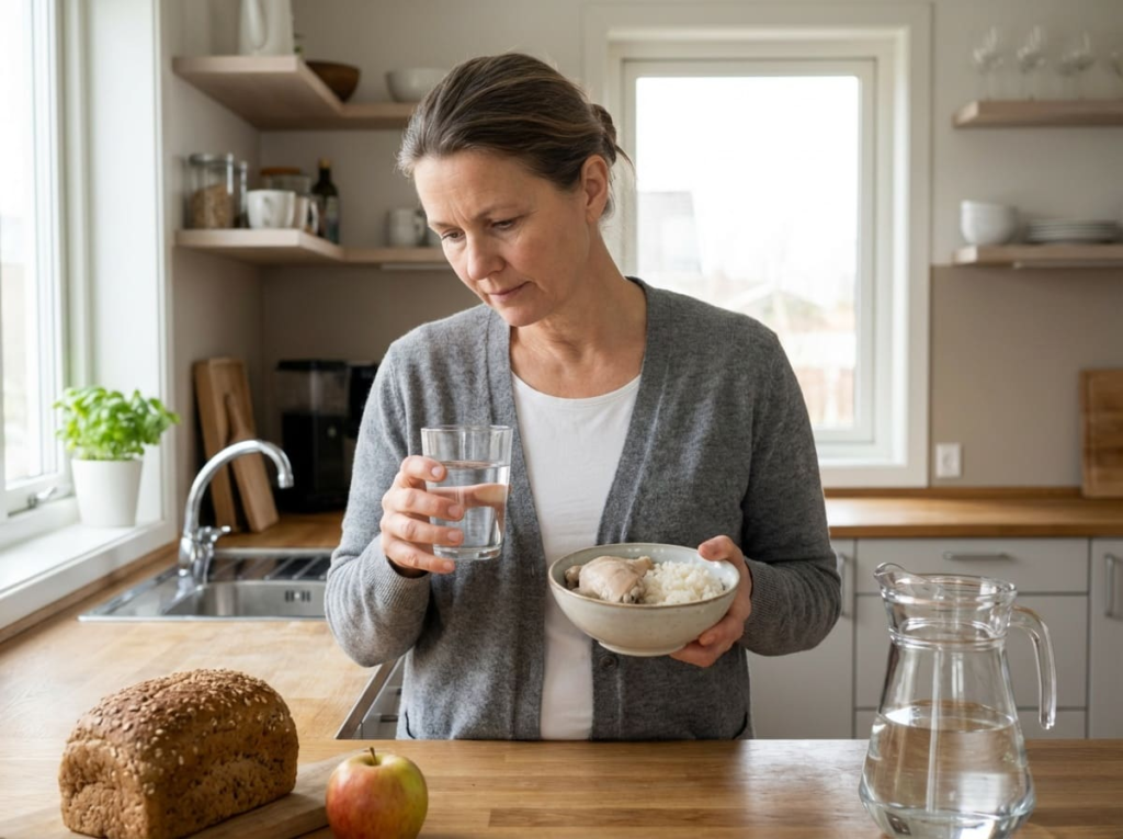 Woman in kitchen reviewing foods